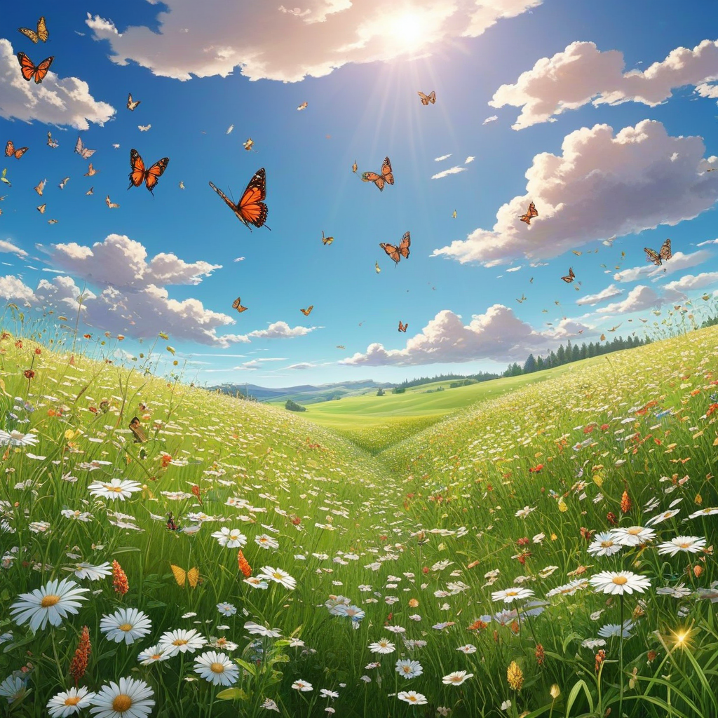 Anime artwork in a butterfly meadow